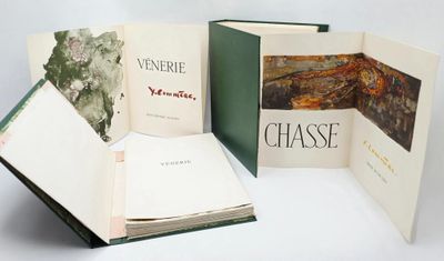 three open books on a white surface with a picture of a landscape in the pages