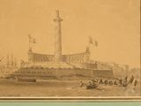 drawing of a lighthouse and a boat in a body of water with a light house in the background
