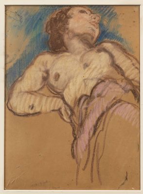 dessin représentant une femme nue allongée sur le dos, dans un cadre blanc
