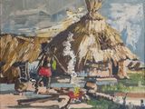 un tableau représentant un groupe de personnes devant une hutte au toit de chaume