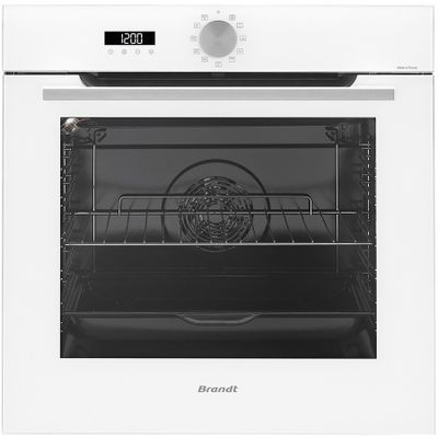 the oven is white and has a digital clock on the door