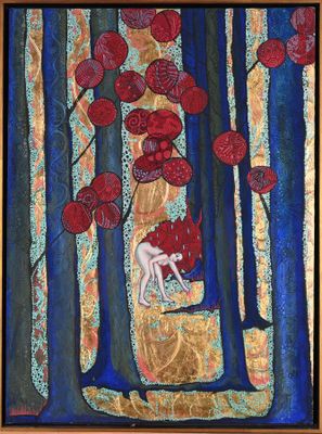 painting of a woman on a swing in a forest with red flowers