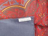 a close up of a red and blue paisley tie with a pocket