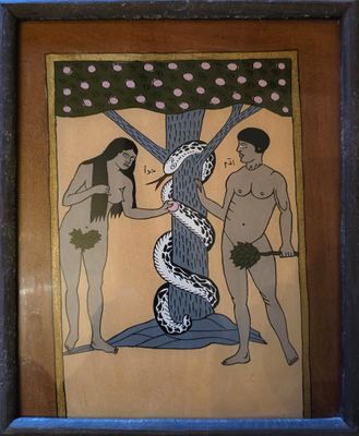 painting of a snake and a man standing next to a tree with a snake on it