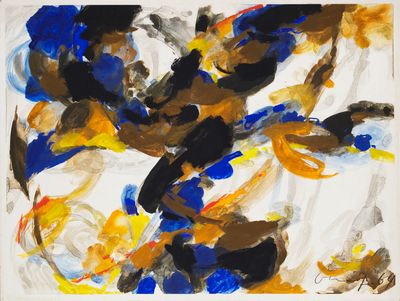 an abstract painting of blue, yellow and black paint on a white background