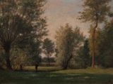 a painting of a cow in a field with trees in the background