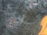 painting of a woman ' s face in a black frame with rusted paint
