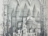 un vieux dessin représentant un château, avec un homme et une femme devant