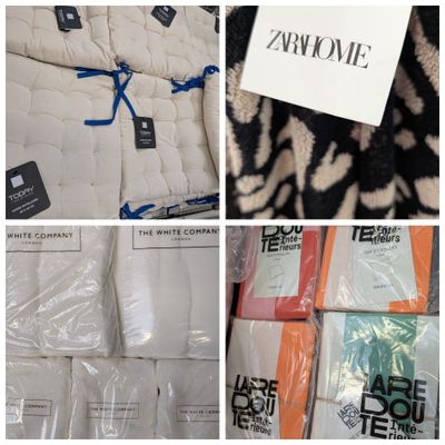 plusieurs photos montrant un tas d'oreillers et de couvertures sur lesquels sont apposées des étiquettes