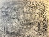drawing of a boat on a river with a bridge in the background