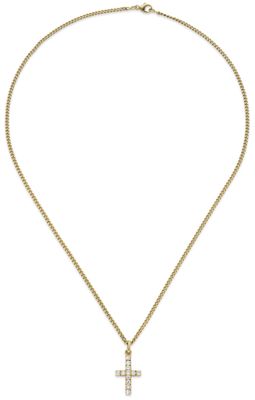 a gold necklace with a cross pendant on a chain