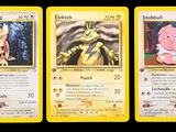 three pokemon cards are shown in a row on a black background