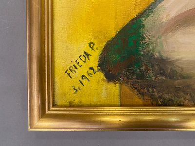a picture of a painting of a bird on a yellow background