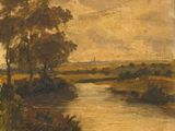 l'image d'une peinture représentant une rivière avec des arbres au premier plan