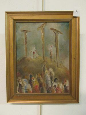 un tableau représentant Jésus sur la croix, accroché au mur