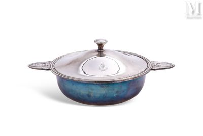 casserole plaquée argent avec couvercle en verre bleu