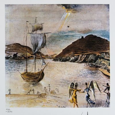 un tableau représentant un bateau sur l'eau avec des personnes à bord