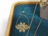 two necklaces that are sitting on a tray