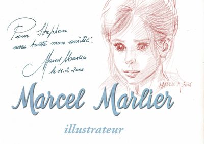 dessin représentant le visage d'une femme, sur lequel figure une citation manuscrite