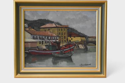 a picture of a painting of a boat in the water