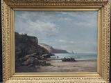 une image représentant un tableau représentant une scène de plage avec un bateau sur le rivage
