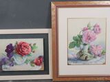 two framed pictures of roses in a vase and a vase of flowers