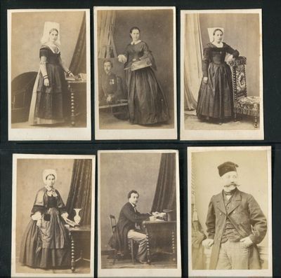 six photographies en noir et blanc représentant un homme, une femme et un enfant