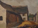 un tableau représentant un bâtiment devant lequel se trouve un cheval