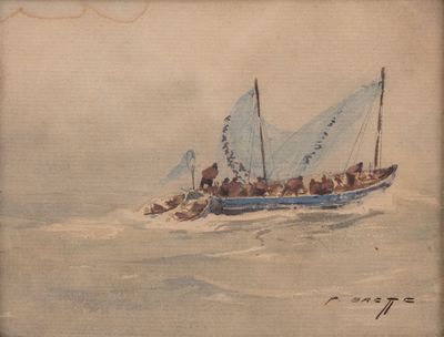 a painting of a boat in the water with people on it