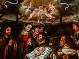 an image of a painting of a nativity scene with angels and a baby jesus
