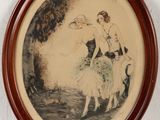 an old picture of a woman and a dog are hanging on a wall