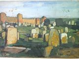 une peinture à l'huile représentant un cimetière dans un champ verdoyant, avec le ciel en arrière-plan