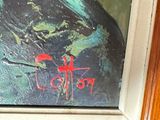 a picture of a painting of a bird on a window sill