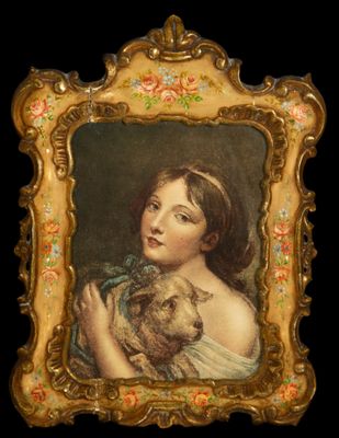 painting of a woman holding a dog in a gold frame on a black background
