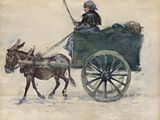 tableau représentant une femme dans une calèche tirée par un âne