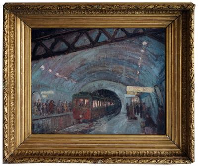 une image représentant une peinture d'une gare avec des personnes sur le quai