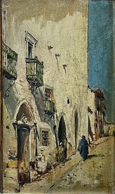 peinture d'une scène de rue avec une personne marchant dans la rue