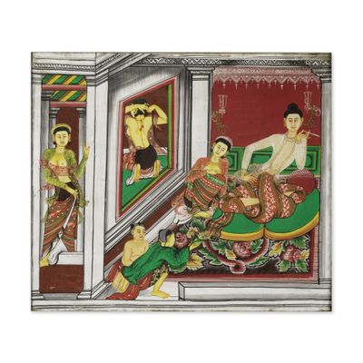 un tableau représentant une femme assise sur un lit dans une chambre