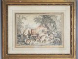 framed picture of a painting of a horse and a dog in a wooded setting