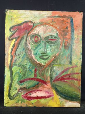 une peinture à l'huile représentant le visage d'une femme sur fond noir