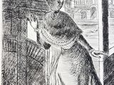 drawing of a woman looking out of a window at the city