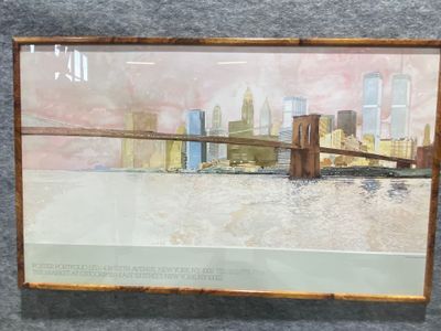 painting of a bridge with a city skyline in the background