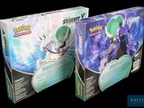 two boxes of pokemon cards are shown on a black background