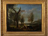 an image of a painting of cows in a wooded landscape