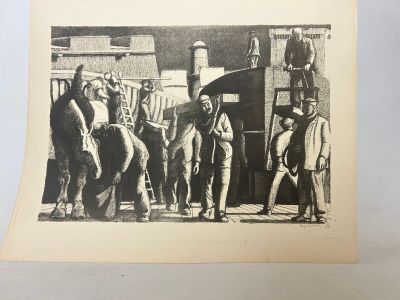 a drawing of a group of men standing around a horse