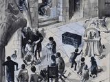 painting of a group of people sitting around a table in a courtyard
