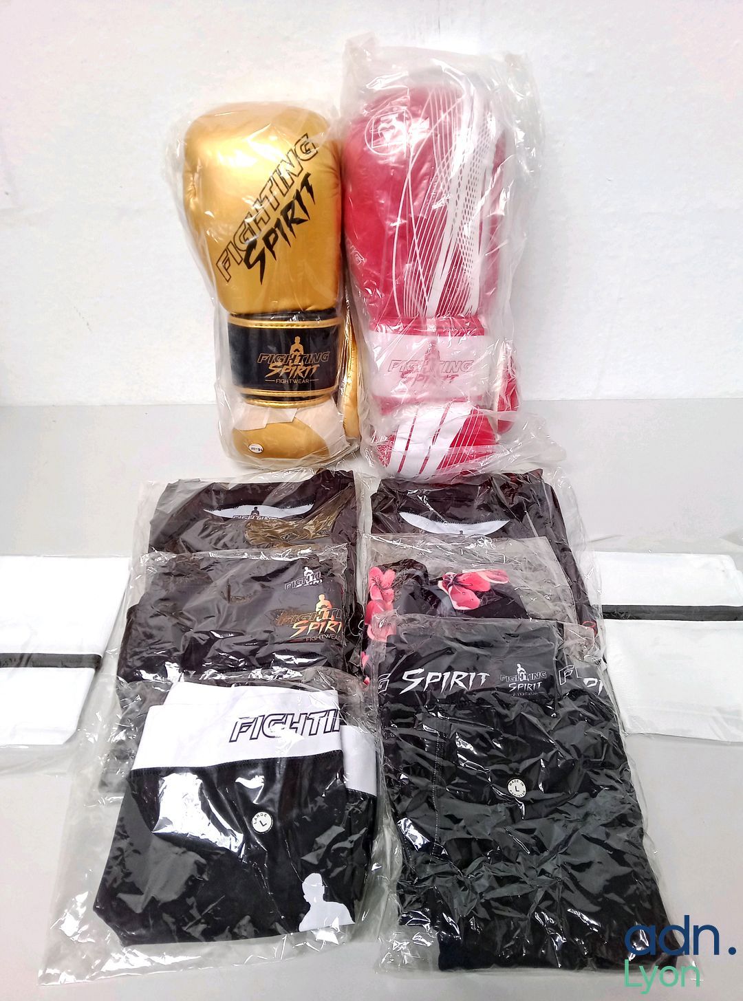 Lot d'équipements pour sports de combat : contient 2 paires de gants, 2 t-shirts, 3 leggings, 1 caleçon, 2 filets de ...