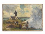 une image représentant un tableau montrant des personnes sur une plage près d'un phare