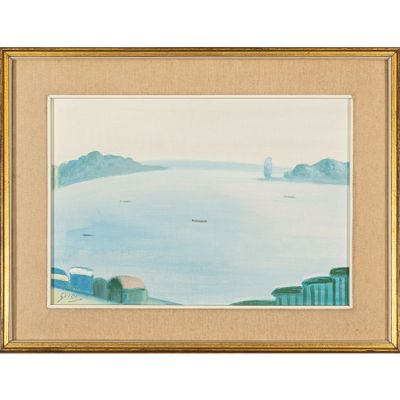 tableau représentant une vue sur un plan d'eau avec un phare au loin