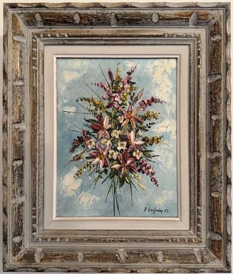 an oil painting of a bouquet of flowers on a blue background